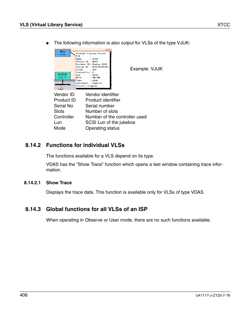 Functions for individual vlss, Show trace, Global functions for all vlss of an isp | 2 functions for individual vlss, 3 global functions for all vlss of an isp | FUJITSU CentricStor V3.1D User Manual | Page 406 / 640