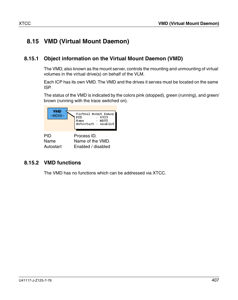 Vmd (virtual mount daemon), Vmd functions, 15 vmd (virtual mount daemon) | FUJITSU CentricStor V3.1D User Manual | Page 407 / 640