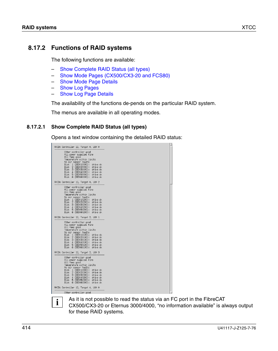 Functions of raid systems, Show complete raid status (all types) | FUJITSU CentricStor V3.1D User Manual | Page 414 / 640