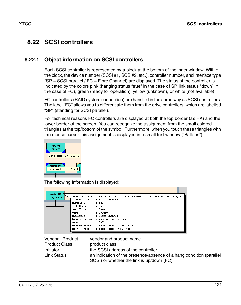 Scsi controllers, Object information on scsi controllers, Section “object information on scsi | 22 scsi controllers | FUJITSU CentricStor V3.1D User Manual | Page 421 / 640