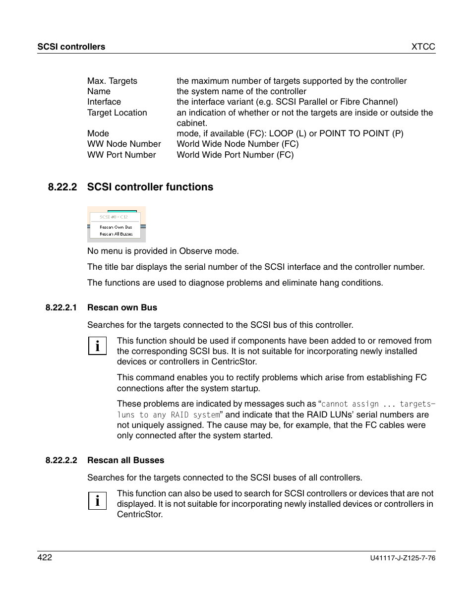 Scsi controller functions, Rescan own bus, Rescan all busses | Section | FUJITSU CentricStor V3.1D User Manual | Page 422 / 640