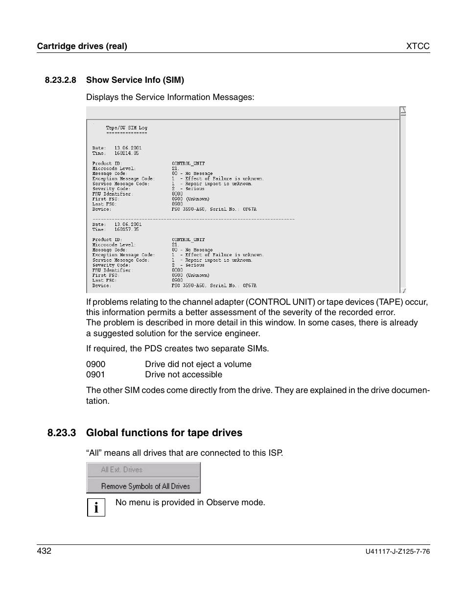 Show service info (sim), Global functions for tape drives | FUJITSU CentricStor V3.1D User Manual | Page 432 / 640