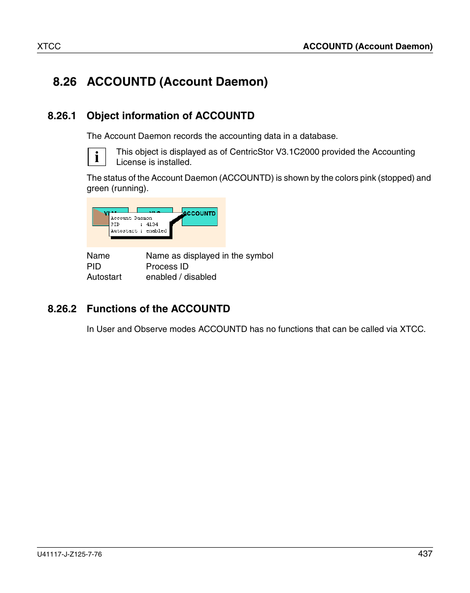 Accountd (account daemon), Object information of accountd, Functions of the accountd | 26 accountd (account daemon) | FUJITSU CentricStor V3.1D User Manual | Page 437 / 640
