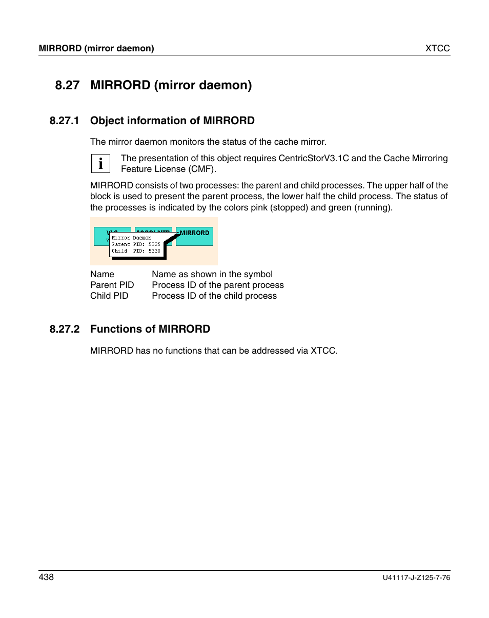 Mirrord (mirror daemon), Object information of mirrord, Functions of mirrord | 27 mirrord (mirror daemon) | FUJITSU CentricStor V3.1D User Manual | Page 438 / 640