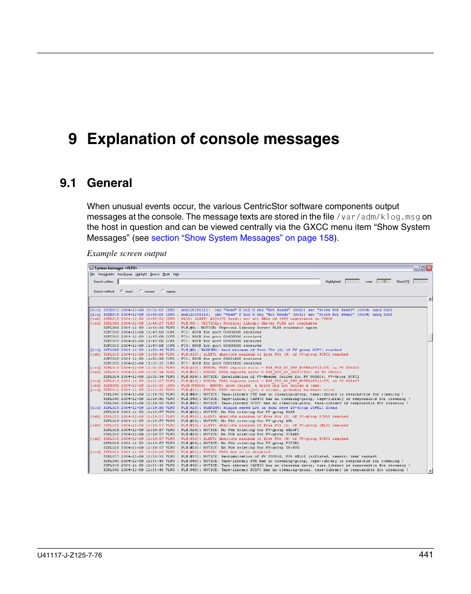 Explanation of console messages, General, 9 explanation of console messages | 1 general | FUJITSU CentricStor V3.1D User Manual | Page 441 / 640