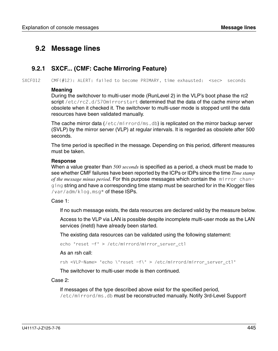 Message lines, Sxcf... (cmf: cache mirroring feature), 2 message lines | 1 sxcf... (cmf: cache mirroring feature) | FUJITSU CentricStor V3.1D User Manual | Page 445 / 640