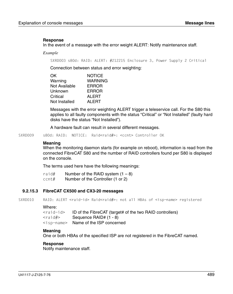 Fibrecat cx500 and cx3-20 messages | FUJITSU CentricStor V3.1D User Manual | Page 489 / 640