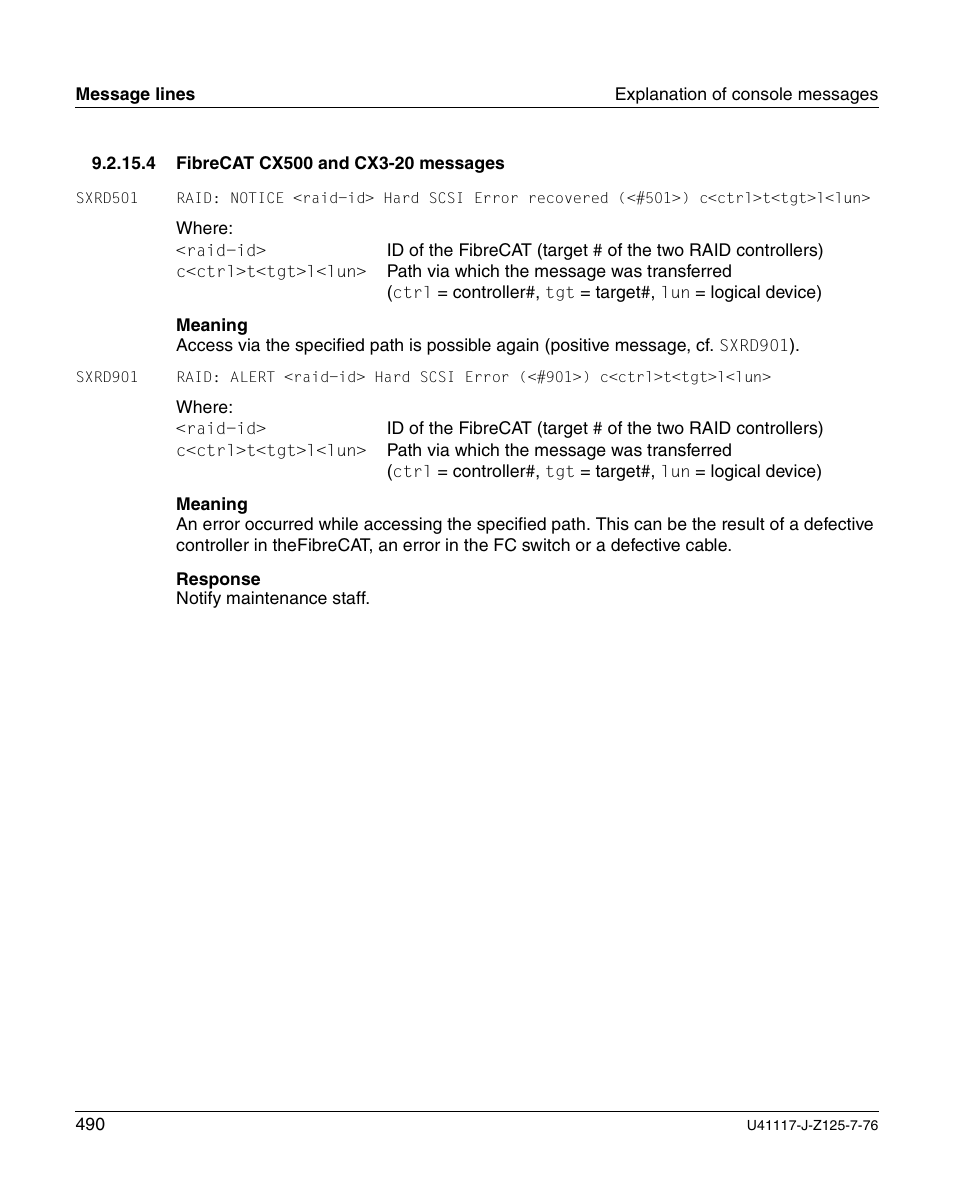 Fibrecat cx500 and cx3-20 messages | FUJITSU CentricStor V3.1D User Manual | Page 490 / 640