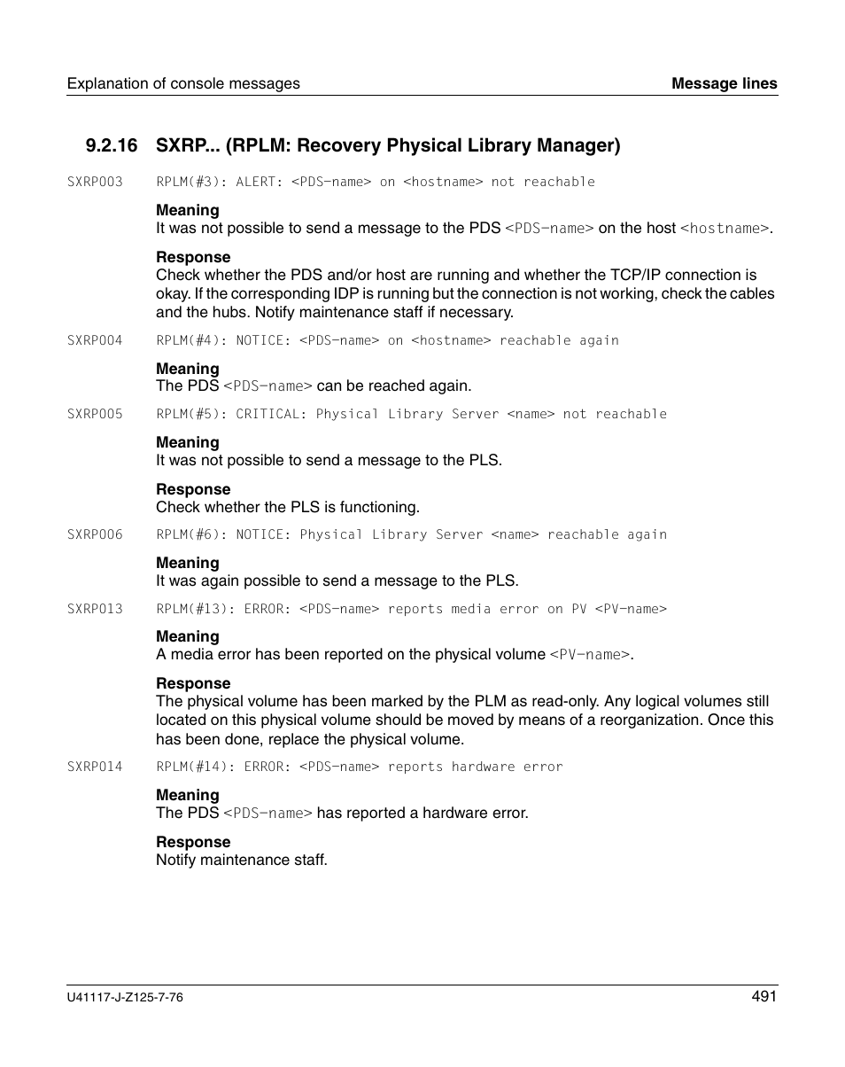 Sxrp... (rplm: recovery physical library manager) | FUJITSU CentricStor V3.1D User Manual | Page 491 / 640