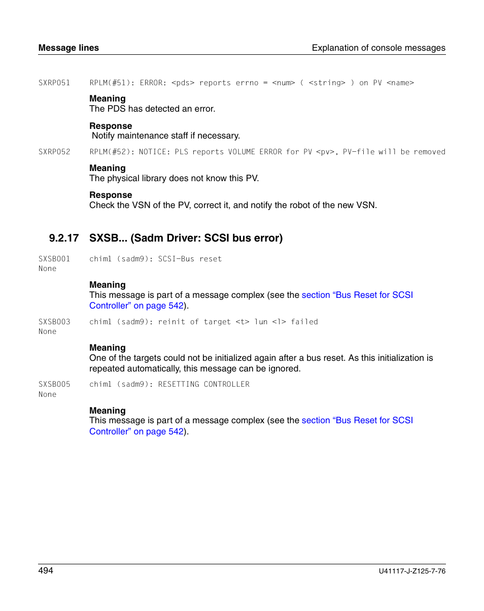 Sxsb... (sadm driver: scsi bus error), 17 sxsb... (sadm driver: scsi bus error) | FUJITSU CentricStor V3.1D User Manual | Page 494 / 640
