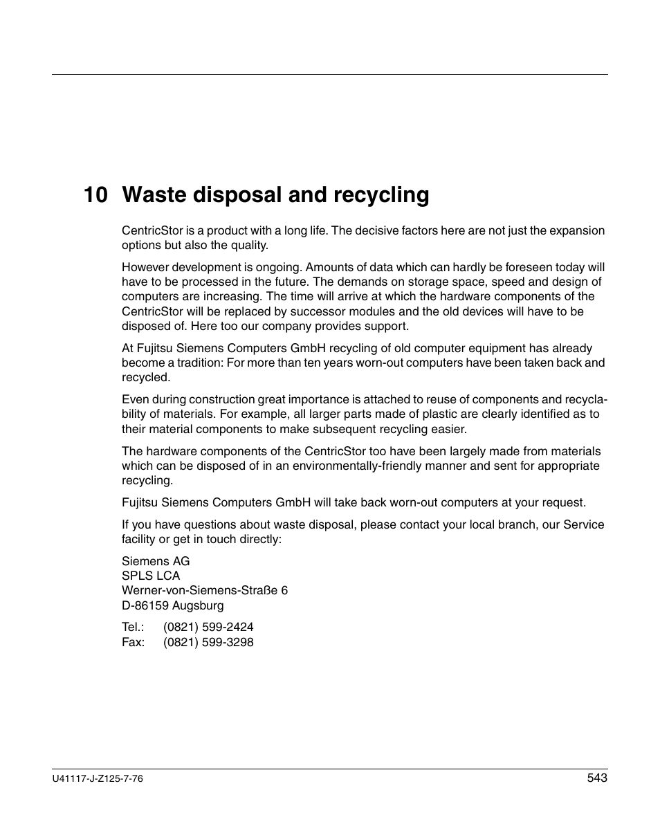 Waste disposal and recycling, 10 waste disposal and recycling | FUJITSU CentricStor V3.1D User Manual | Page 543 / 640