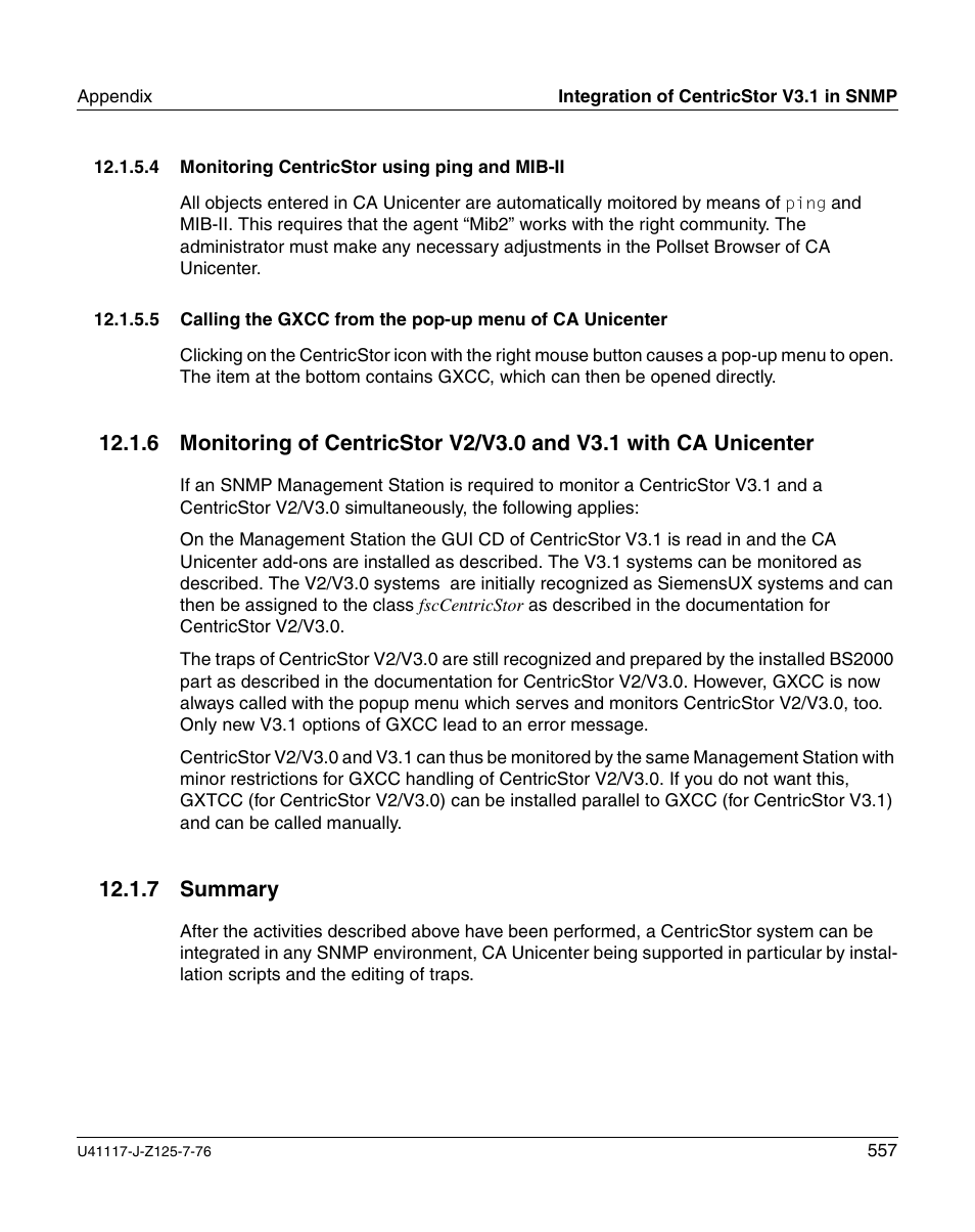 Monitoring centricstor using ping and mib-ii, Summary | FUJITSU CentricStor V3.1D User Manual | Page 557 / 640