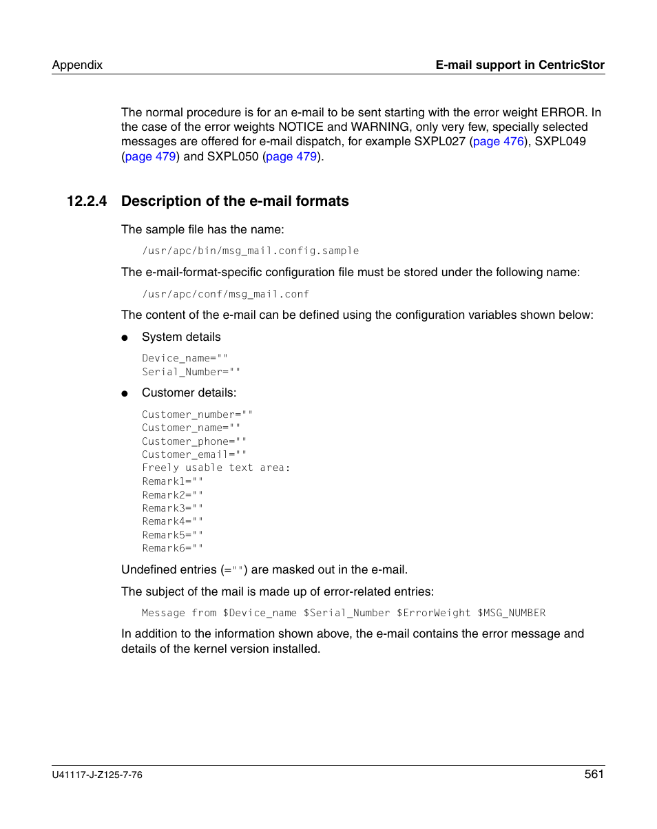 Description of the e-mail formats, 4 description of the e-mail formats | FUJITSU CentricStor V3.1D User Manual | Page 561 / 640