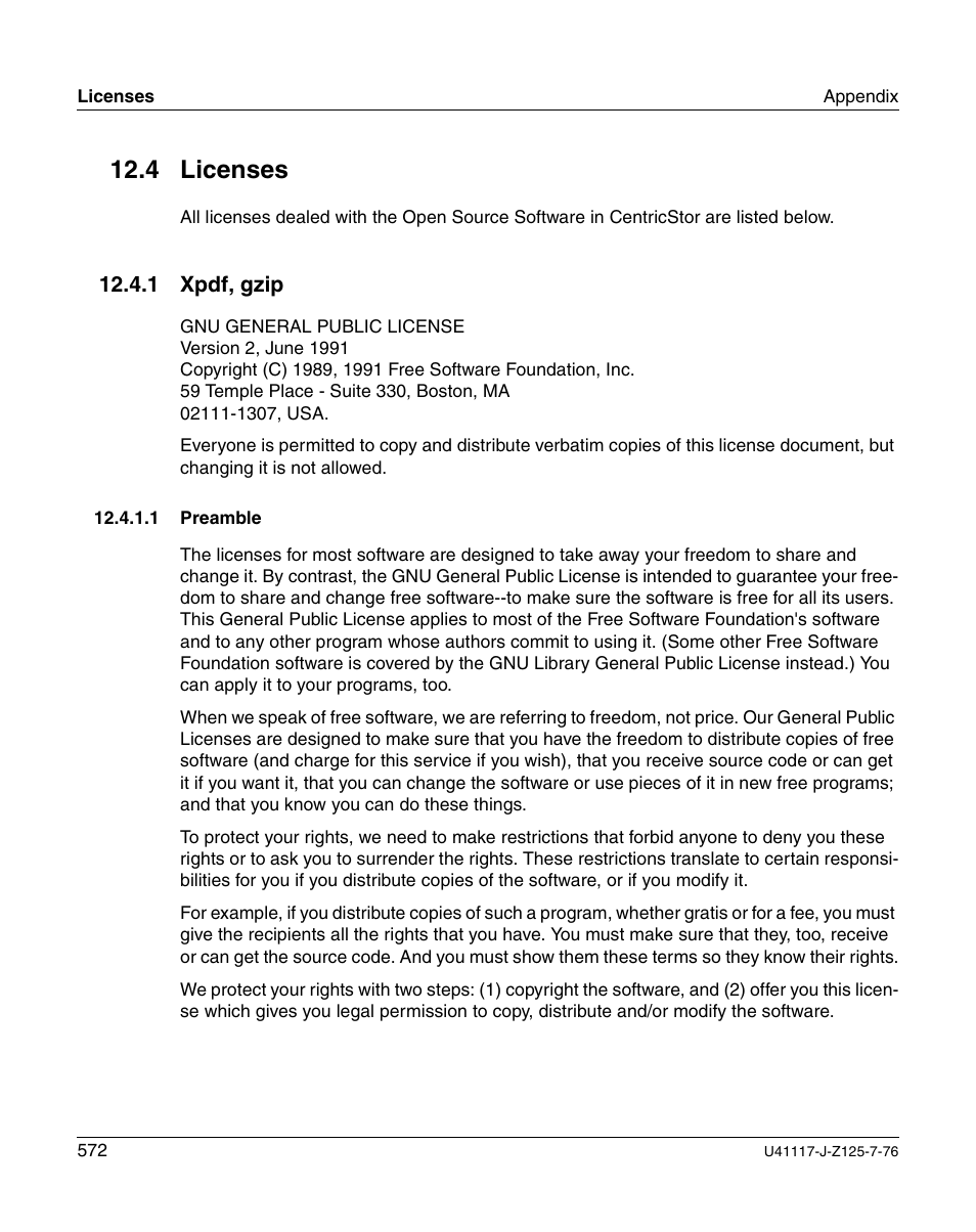 Licenses, Xpdf, gzip, Preamble | 4 licenses | FUJITSU CentricStor V3.1D User Manual | Page 572 / 640