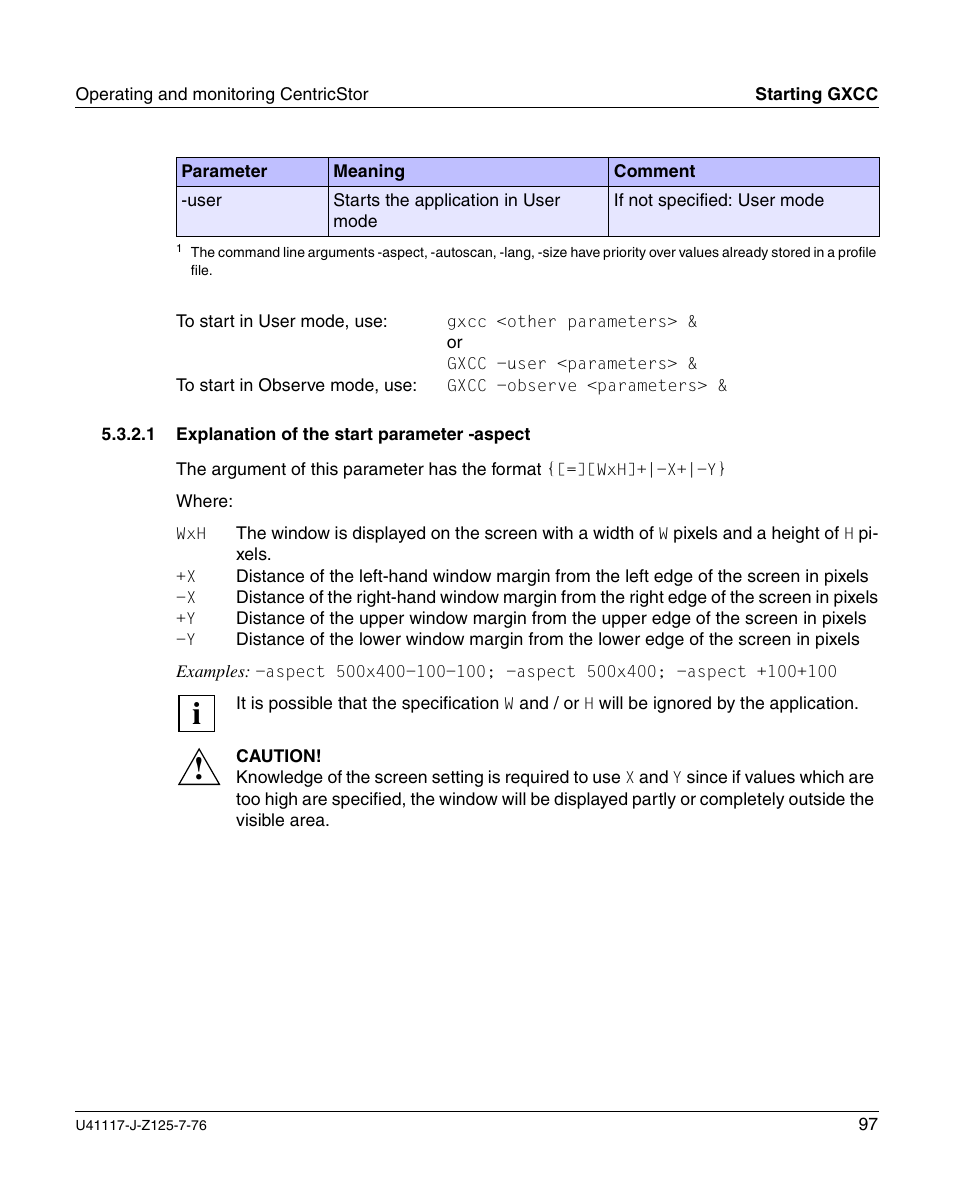 Explanation of the start parameter -aspect | FUJITSU CentricStor V3.1D User Manual | Page 97 / 640