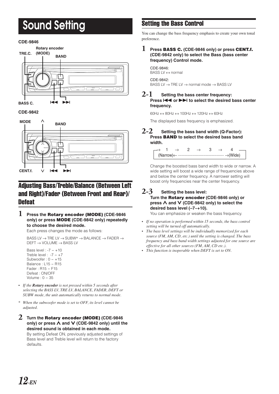 Sound settings, Bass / treble / balance / fader, Bass control | Sound setting, Setting the bass control | Alpine CDE-9842 User Manual | Page 13 / 27