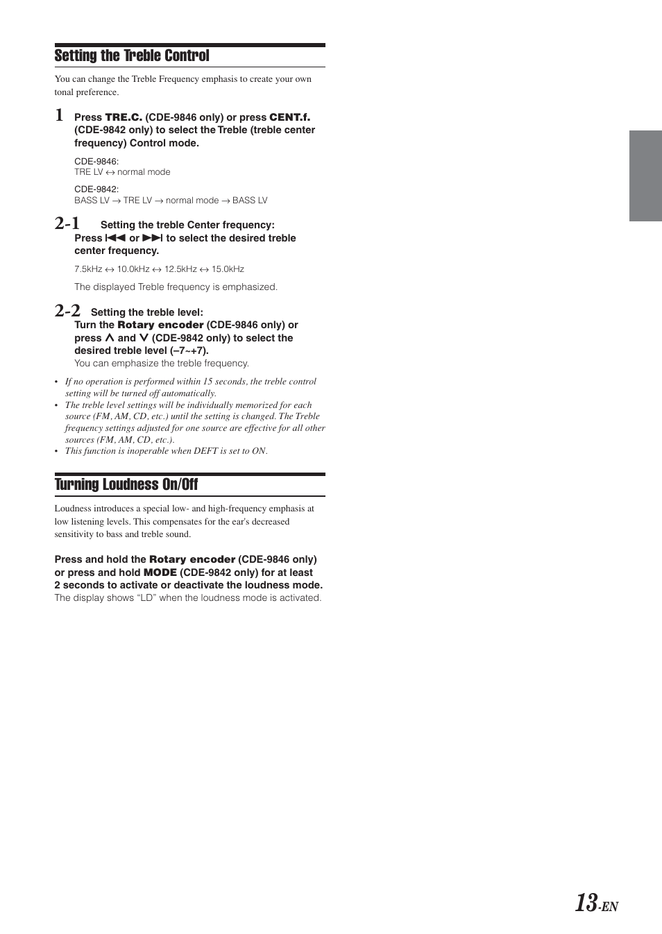 Treble control, Loudness on / off, Setting the treble control | Turning loudness on/off | Alpine CDE-9842 User Manual | Page 14 / 27