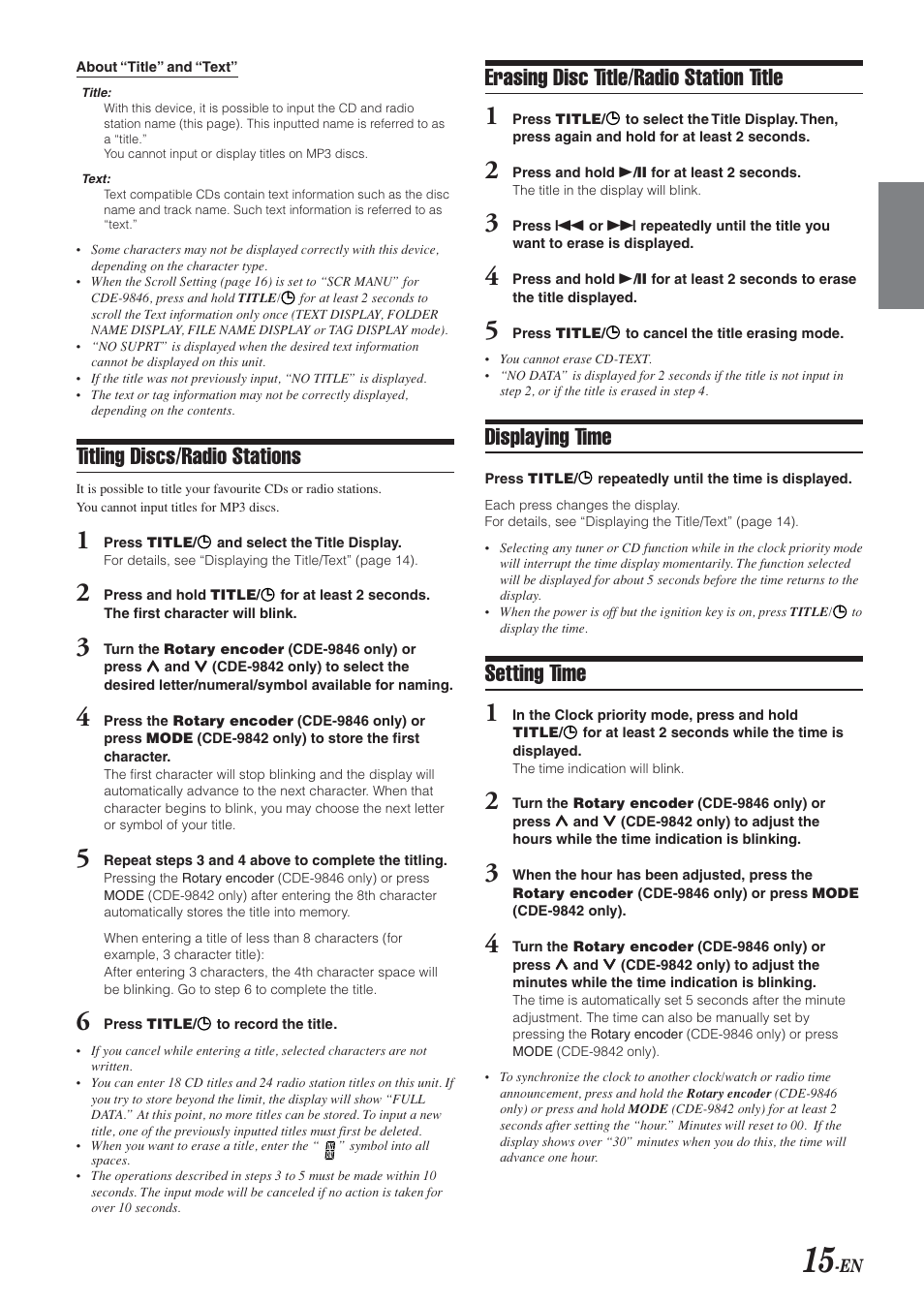 Clock set, Titling discs / radio stations, Erasing disc title / radio station title | Displaying time, Setting time, Erasing disc title/radio station title, Titling discs/radio stations | Alpine CDE-9842 User Manual | Page 16 / 27