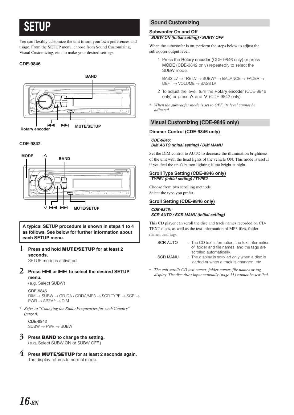 System setup, Navigating setup, Sound customizing | Visual customizing (500cde9846 only), Setup, Visual customizing (cde-9846 only) | Alpine CDE-9842 User Manual | Page 17 / 27