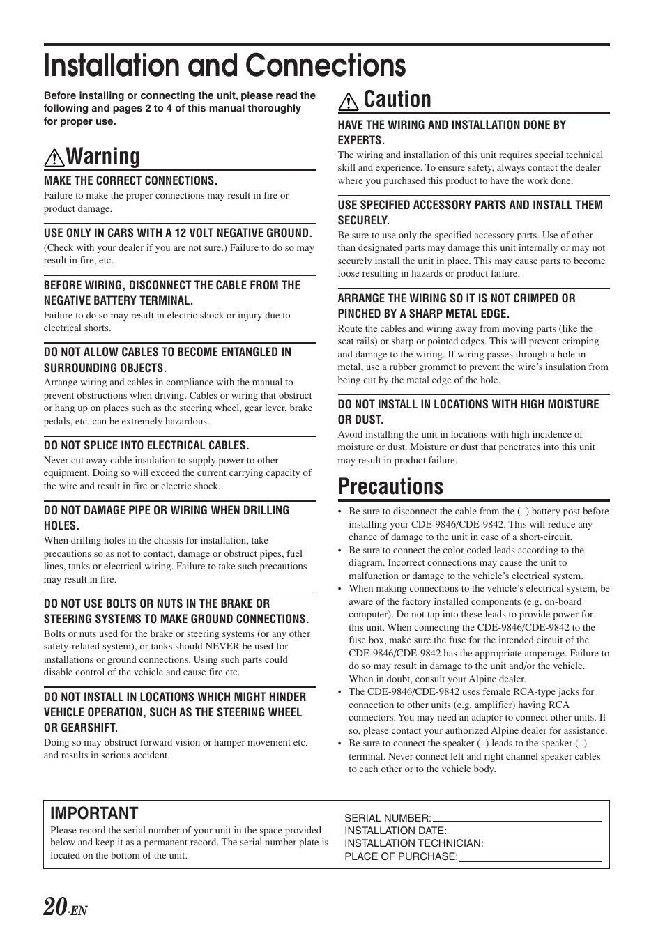 Installation and connections, Caution, Precautions | Warning, Important | Alpine CDE-9842 User Manual | Page 21 / 27