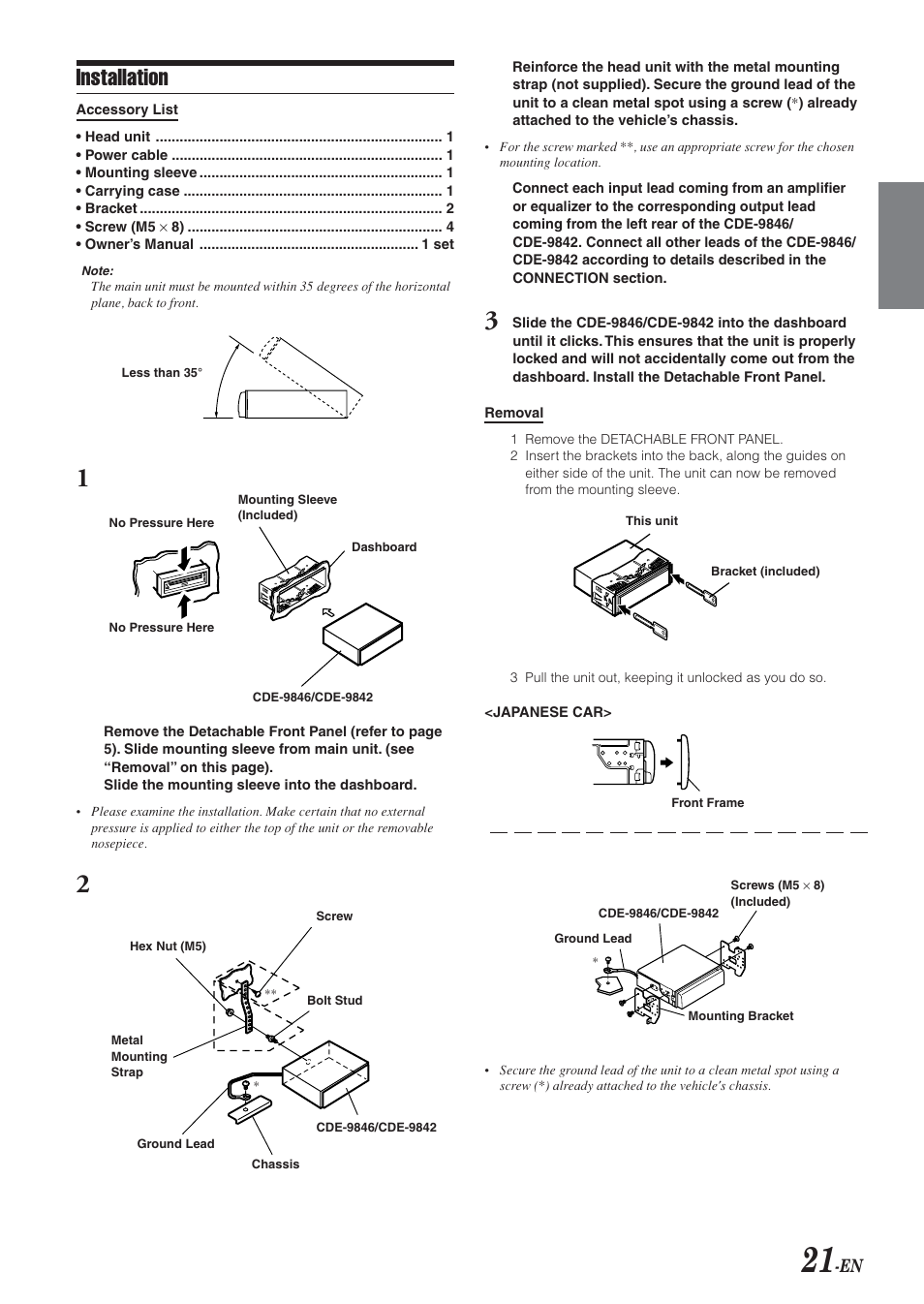 Supplied hardware, Mounting / removal, Installation | Alpine CDE-9842 User Manual | Page 22 / 27