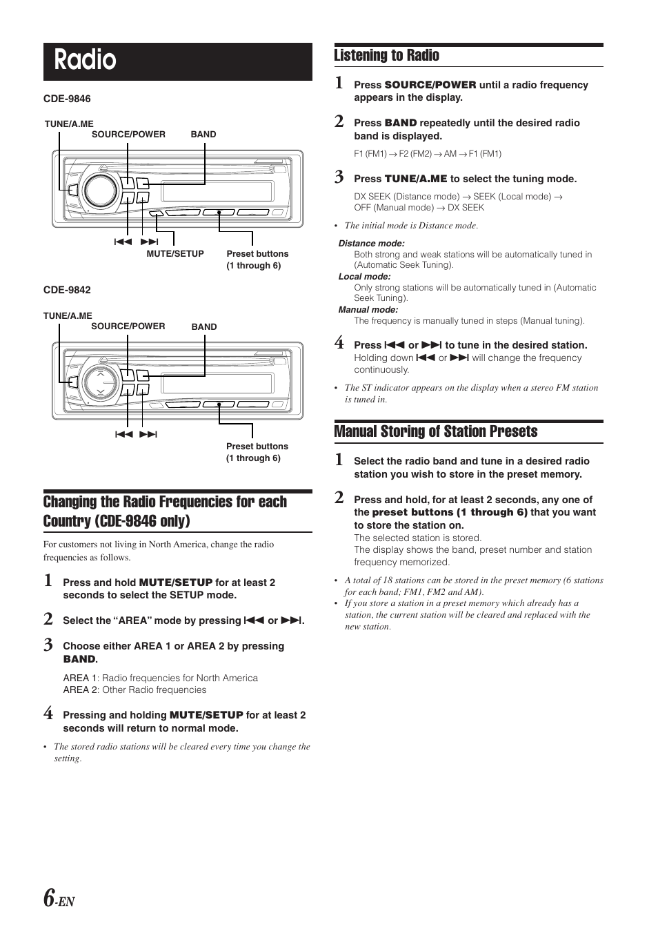 Radio operation, Change the tuning step (500cde9846 only), Band select | Tuning mode, Storing presets manually, Radio, Listening to radio, Manual storing of station presets | Alpine CDE-9842 User Manual | Page 7 / 27