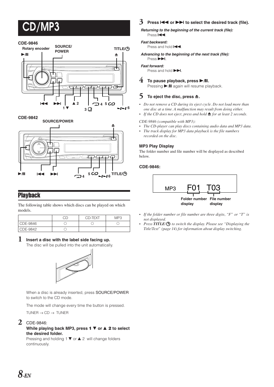 Cd / mp3 operation, Loading a disc / playback, Selecting the playback folder | Selecting the track, Pause, Eject, Cd/mp3, F01 t03, Playback | Alpine CDE-9842 User Manual | Page 9 / 27