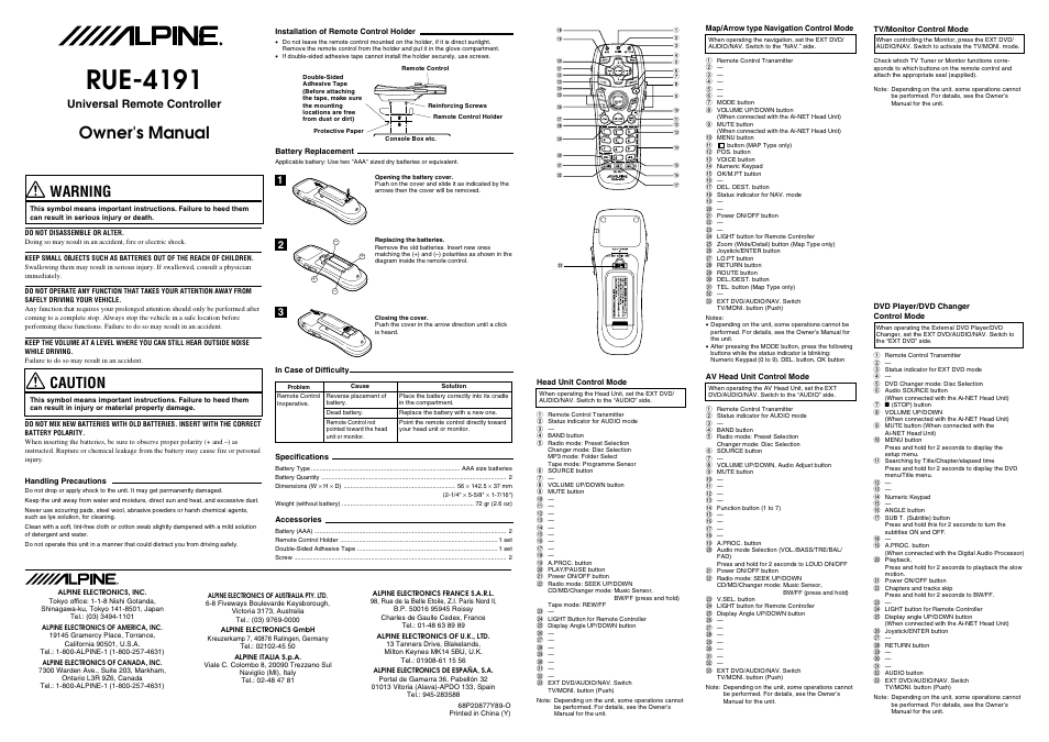 Alpine RUE-4191 User Manual | 1 page