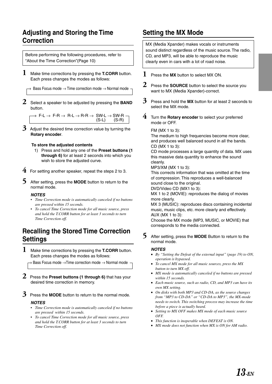 Setting the mx mode, Adjusting and storing the time correction, Recalling the stored time correction settings | Alpine CDA-7897 User Manual | Page 15 / 51
