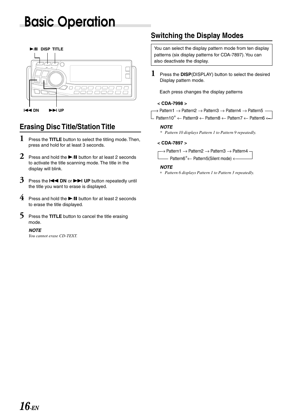 Basic operation, Erasing disc title/station title, Switching the display modes | Alpine CDA-7897 User Manual | Page 18 / 51