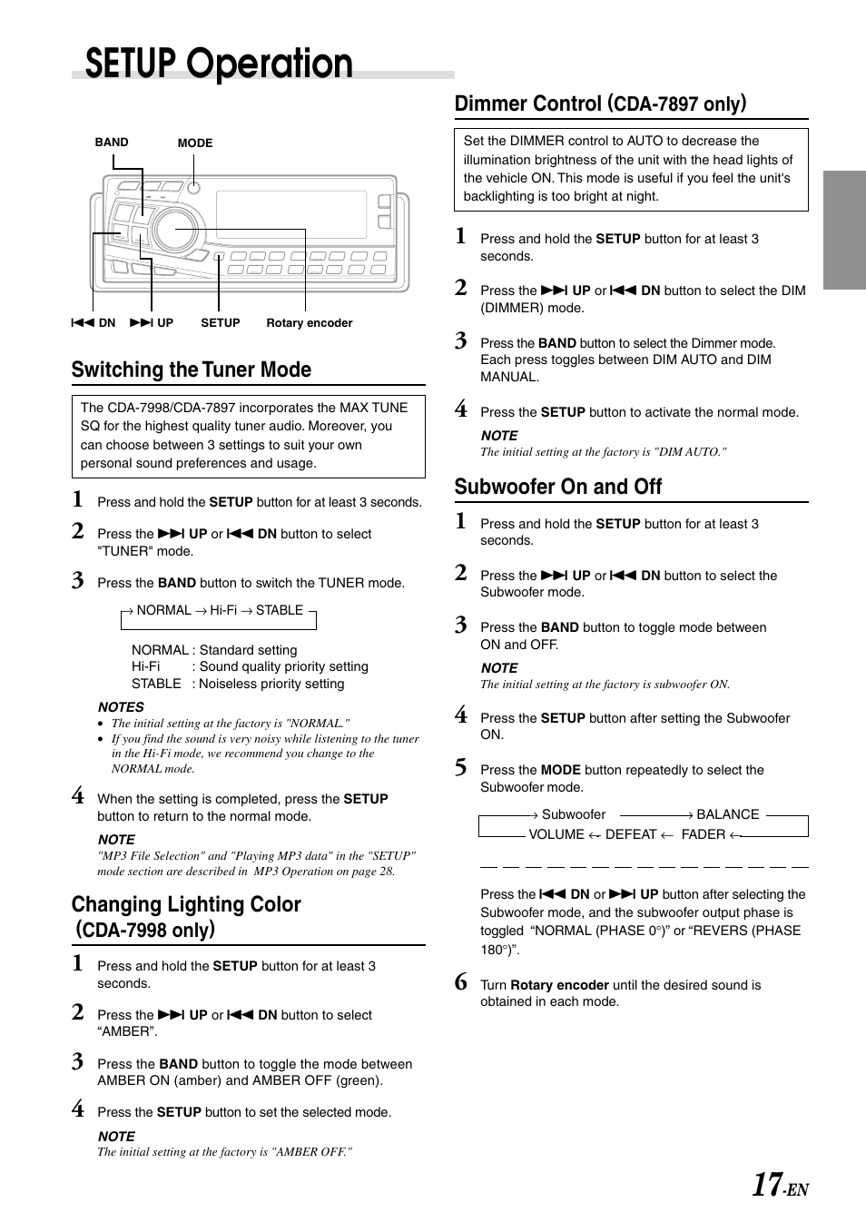Setup operation, Switching the tuner mode, Changing lighting color | Dimmer control, Subwoofer on and off, Cda-7998 only), Cda-7897 only) | Alpine CDA-7897 User Manual | Page 19 / 51