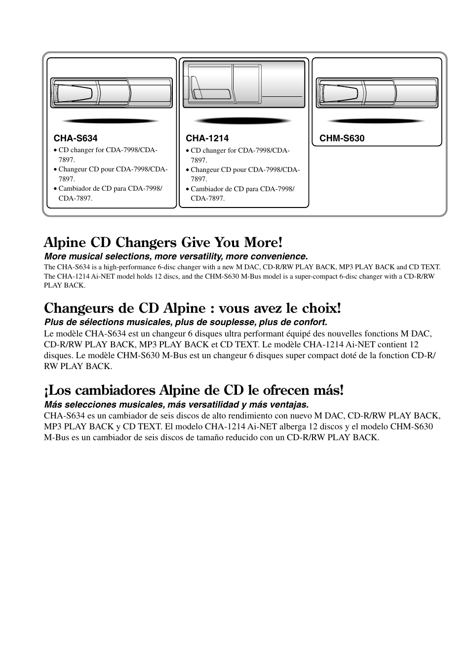 Alpine cd changers give you more, Changeurs de cd alpine : vous avez le choix, Los cambiadores alpine de cd le ofrecen más | Alpine CDA-7897 User Manual | Page 2 / 51