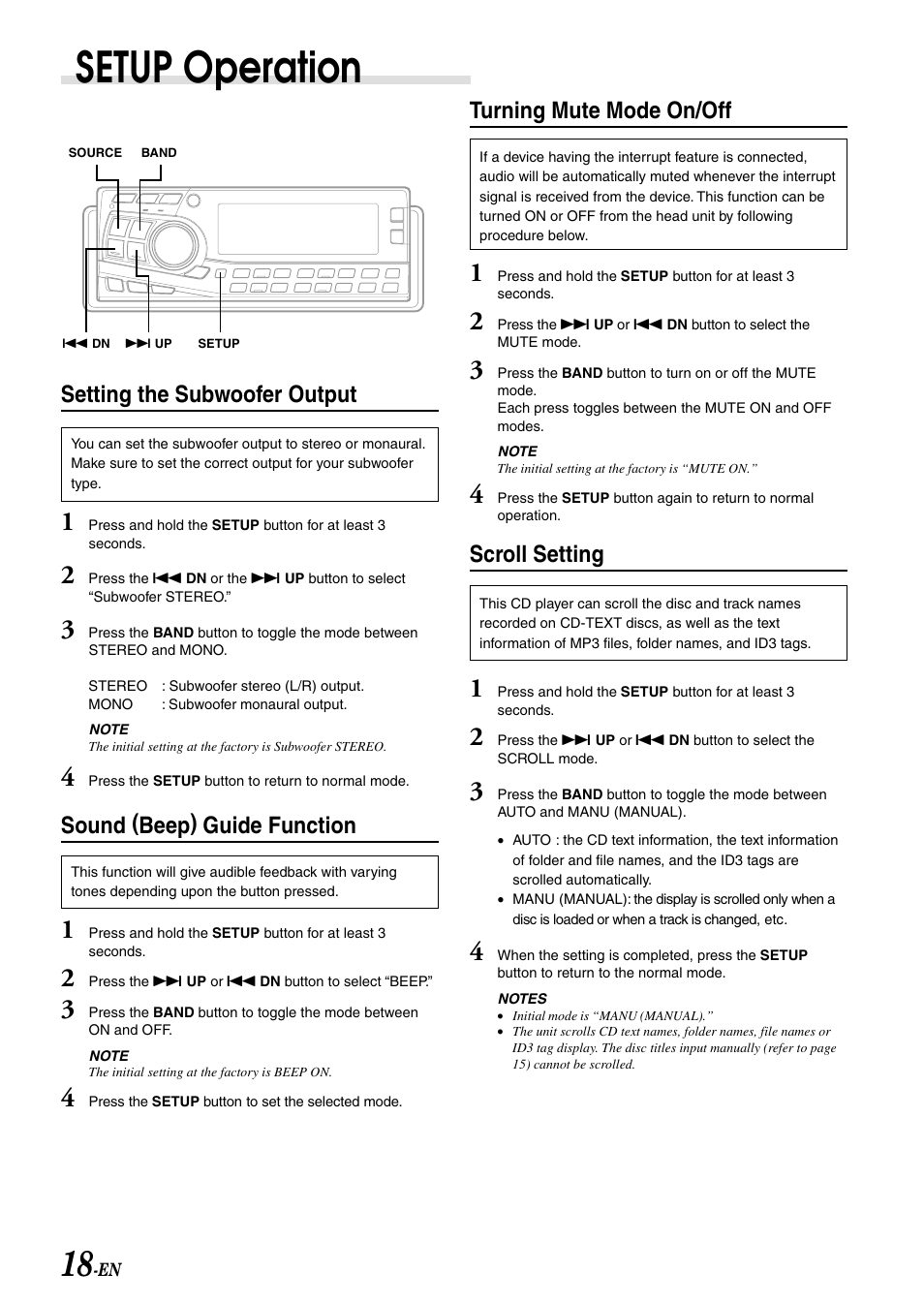 Setup operation, Setting the subwoofer output, Sound (beep) guide function | Turning mute mode on/off, Scroll setting | Alpine CDA-7897 User Manual | Page 20 / 51