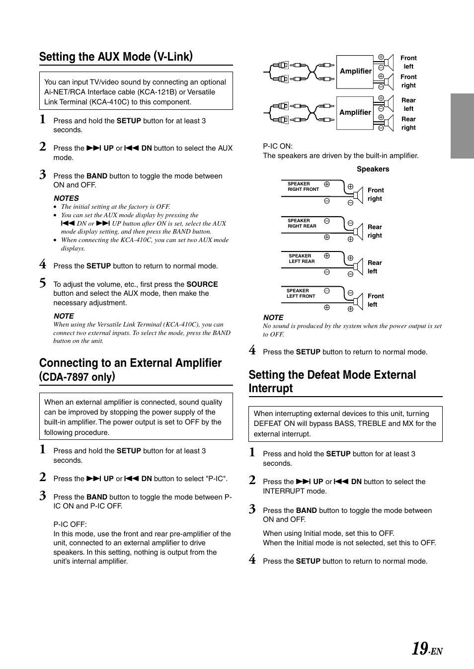 Setting the aux mode (v-link), Connecting to an external amplifier, Setting the defeat mode external interrupt | Cda-7897 only) | Alpine CDA-7897 User Manual | Page 21 / 51