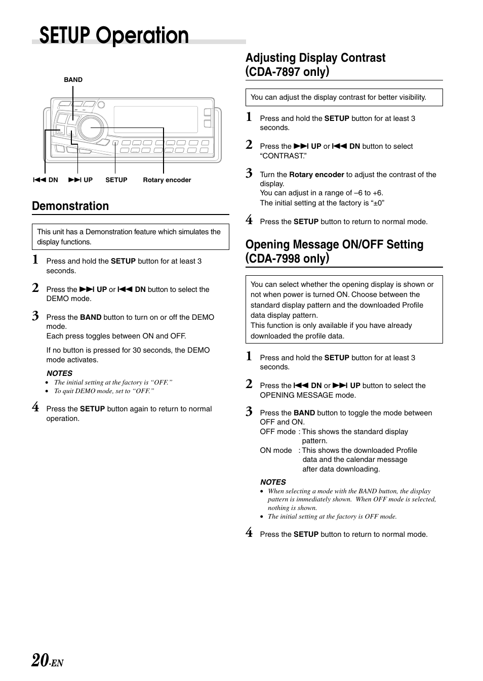 Setup operation, Demonstration, Adjusting display contrast (cda-7897 only) | Opening message on/off setting (cda-7998 only) | Alpine CDA-7897 User Manual | Page 22 / 51