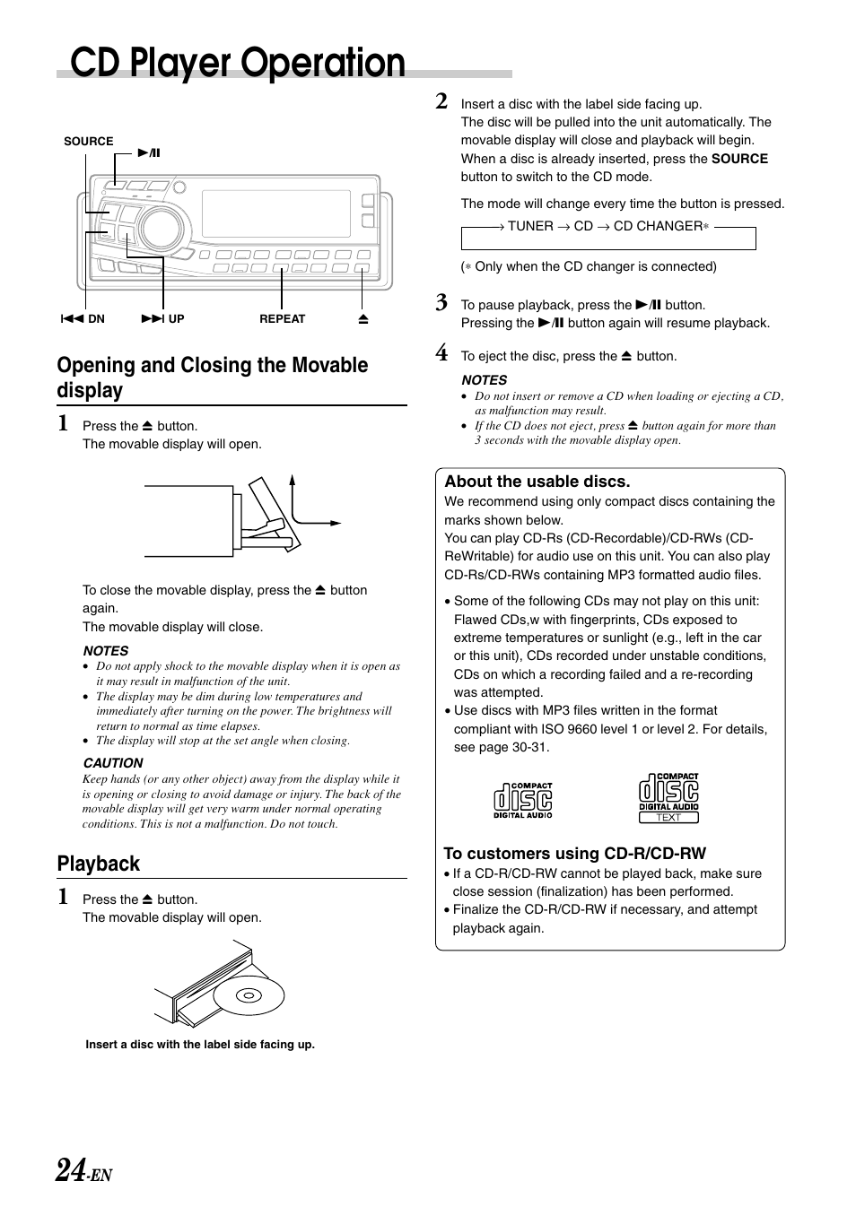 Cd player operation, Opening and closing the movable display, Playback | Alpine CDA-7897 User Manual | Page 26 / 51