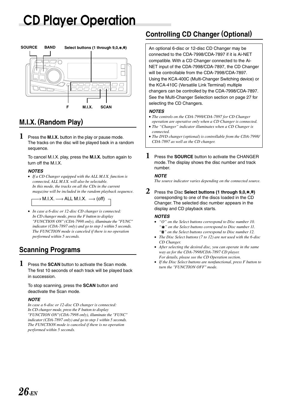 Cd player operation, Controlling cd changer (optional), M.i.x. (random play) | Scanning programs | Alpine CDA-7897 User Manual | Page 28 / 51