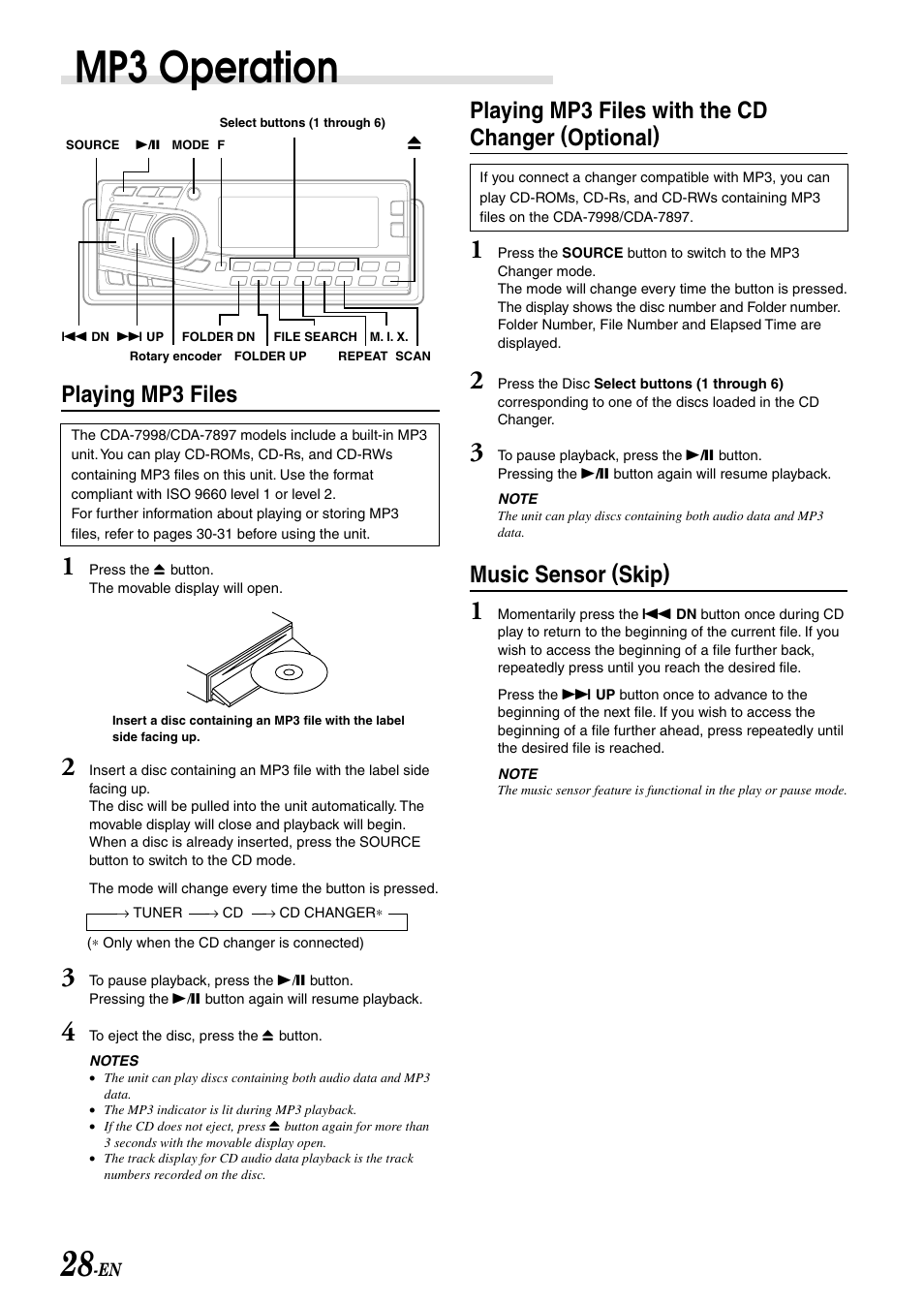 Mp3 operation, Playing mp3 files with the cd changer (optional), Music sensor (skip) | Playing mp3 files | Alpine CDA-7897 User Manual | Page 30 / 51