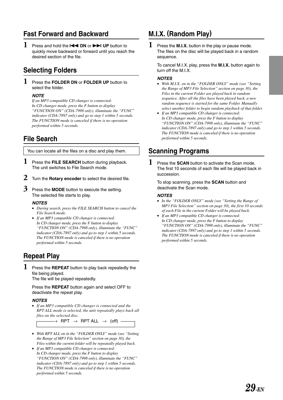 M.i.x. (random play), Scanning programs, Fast forward and backward | Selecting folders, File search, Repeat play | Alpine CDA-7897 User Manual | Page 31 / 51