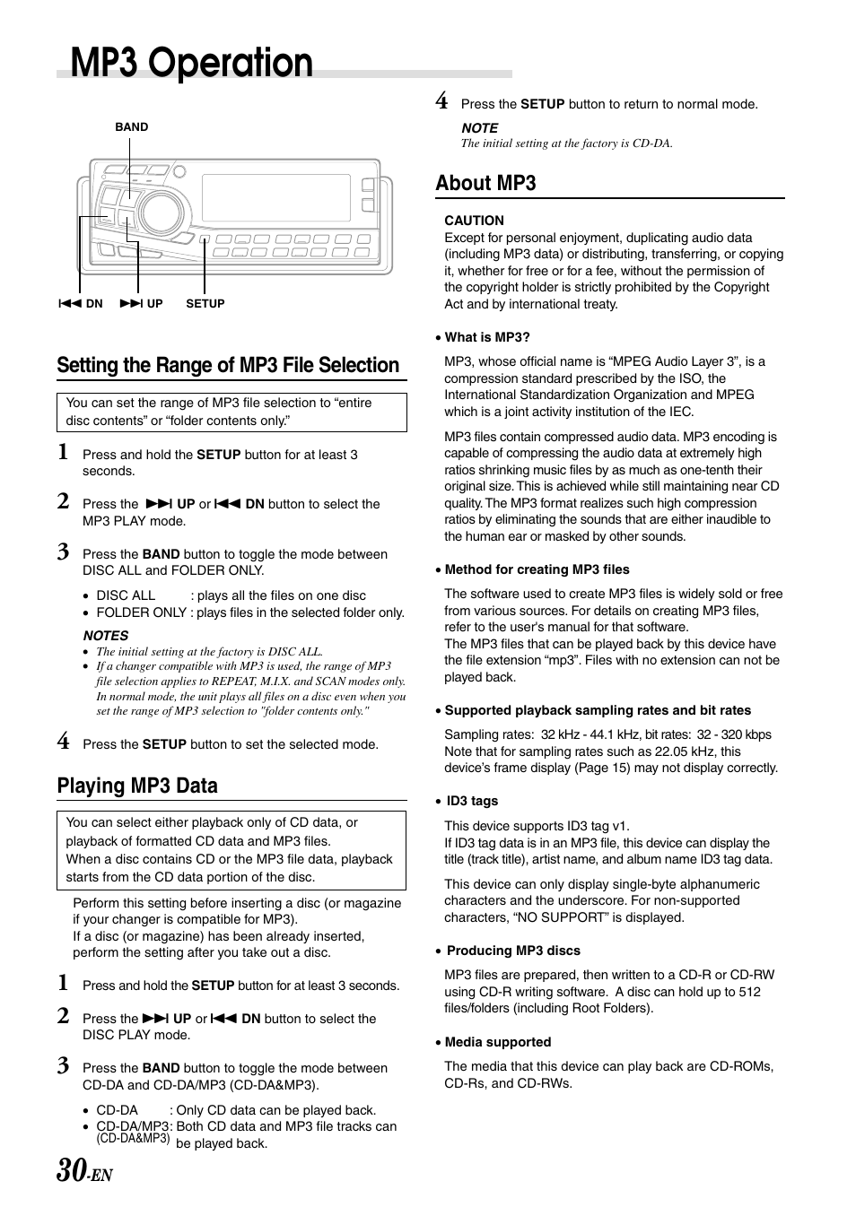 Mp3 operation, Setting the range of mp3 file selection, Playing mp3 data | About mp3 | Alpine CDA-7897 User Manual | Page 32 / 51