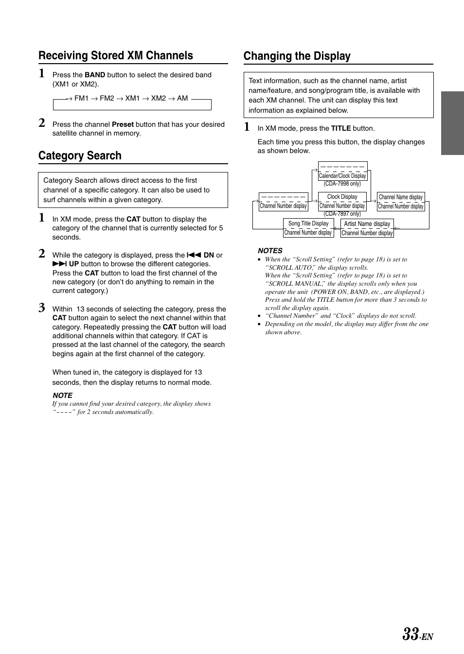 Receiving stored xm channels, Category search, Changing the display | Alpine CDA-7897 User Manual | Page 35 / 51