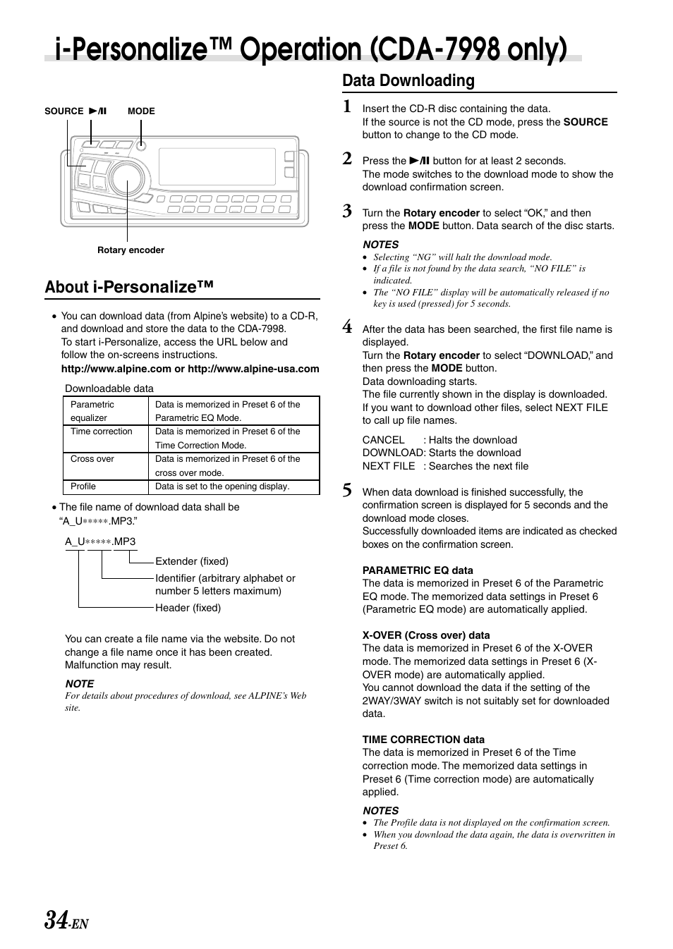 I-personalize™ operation (cda-7998 only), Data downloading, About i-personalize | Alpine CDA-7897 User Manual | Page 36 / 51