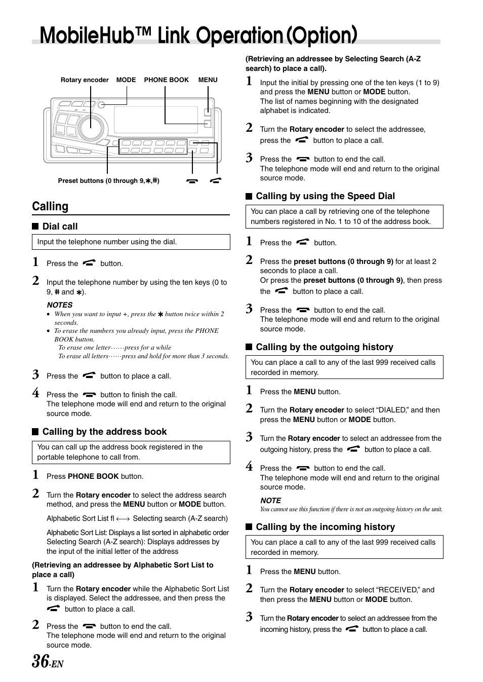 Mobilehub™ link operation(option), Calling | Alpine CDA-7897 User Manual | Page 38 / 51