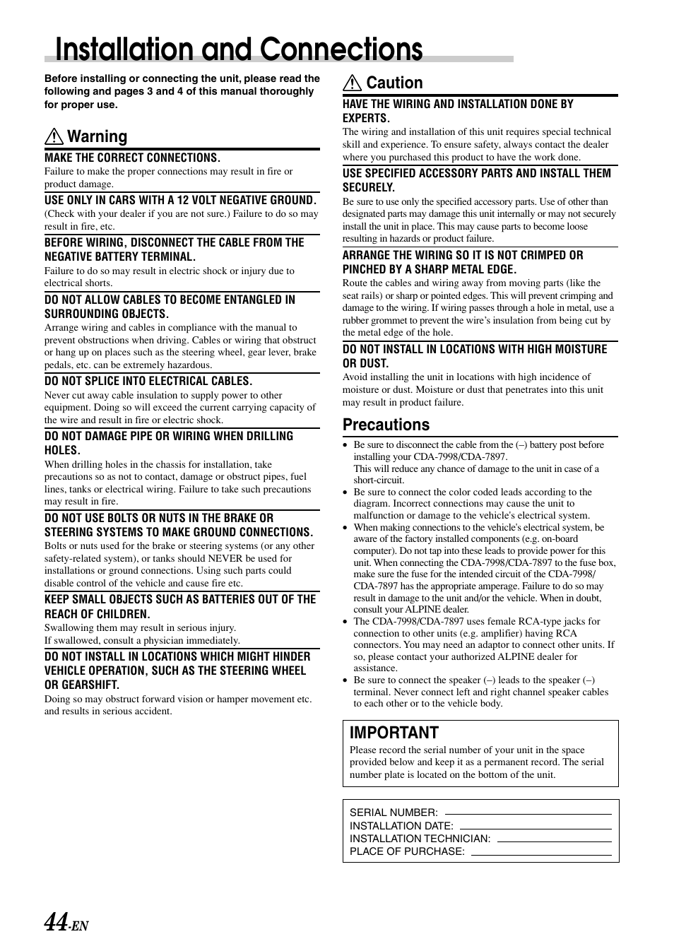 Installation and connections, Caution, Precautions | Important, Warning | Alpine CDA-7897 User Manual | Page 46 / 51