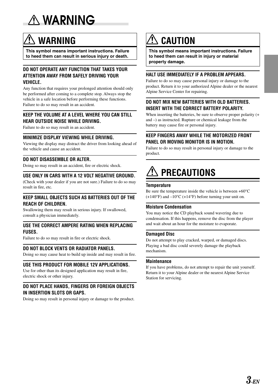 Warning, Caution, Precautions | Alpine CDA-7897 User Manual | Page 5 / 51