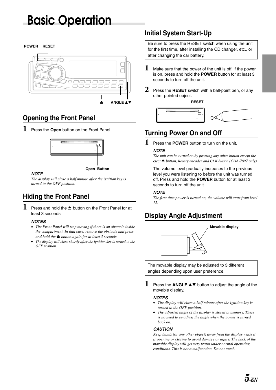Basic operation, Opening the front panel, Hiding the front panel | Initial system start-up, Turning power on and off, Display angle adjustment | Alpine CDA-7897 User Manual | Page 7 / 51