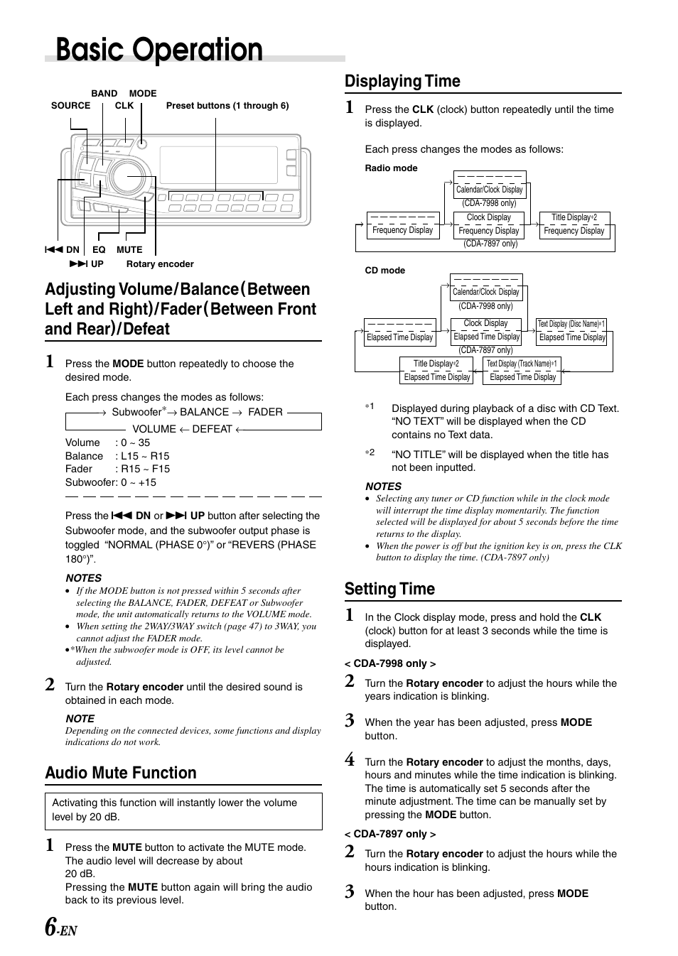 Basic operation, Audio mute function, Displaying time | Setting time | Alpine CDA-7897 User Manual | Page 8 / 51