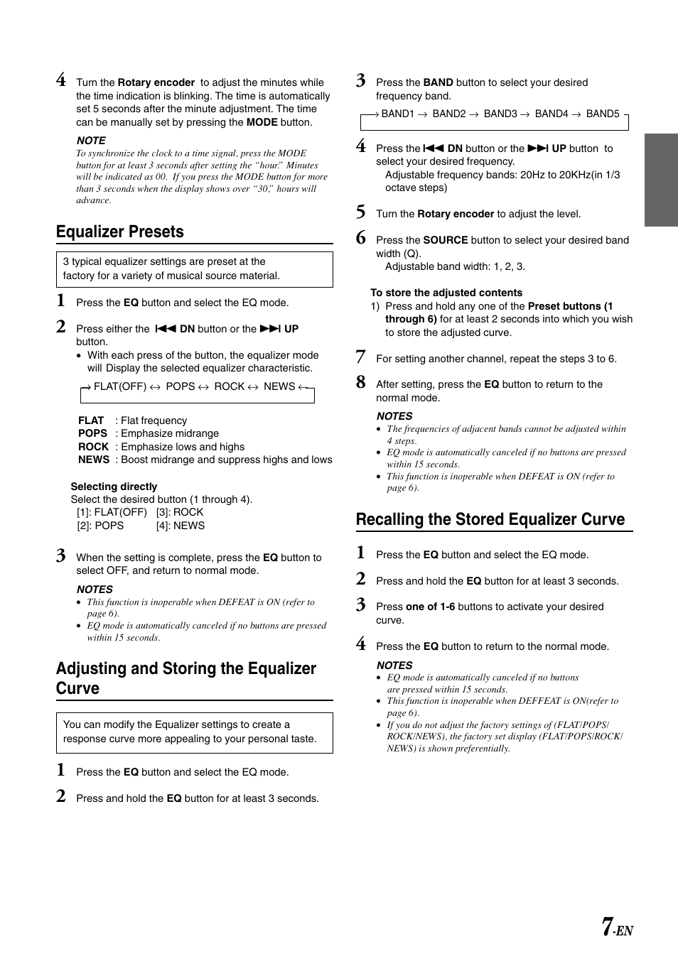 Equalizer presets, Adjusting and storing the equalizer curve, Recalling the stored equalizer curve | Alpine CDA-7897 User Manual | Page 9 / 51