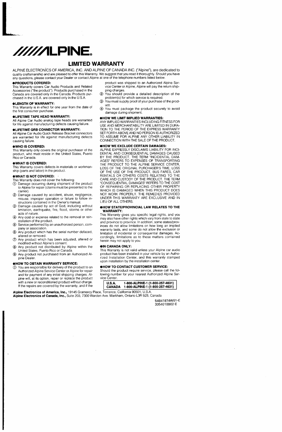 Warranty | Alpine MRP-F240 User Manual | Page 19 / 20