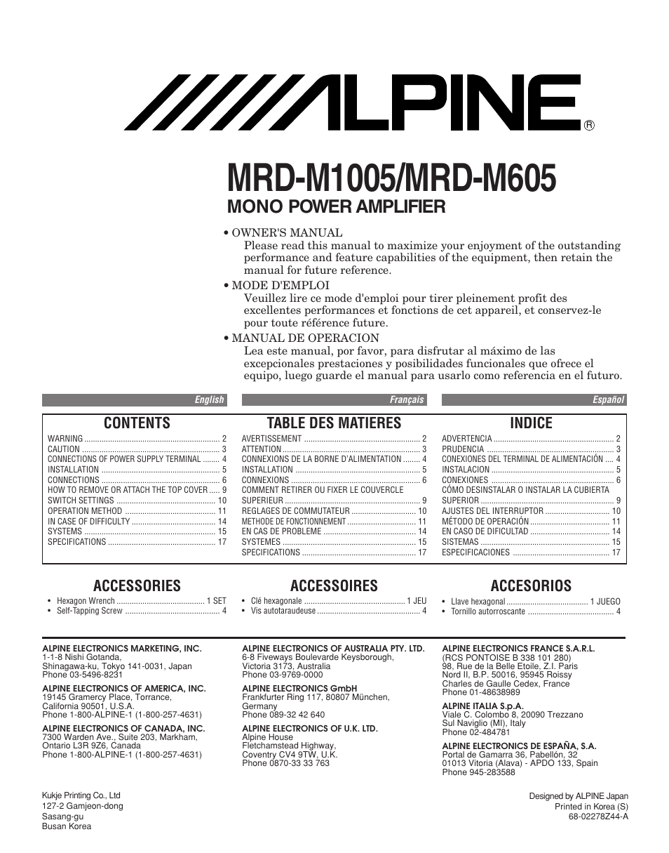 Alpine V12 AccuClass-D MRD-M1005 User Manual | 20 pages